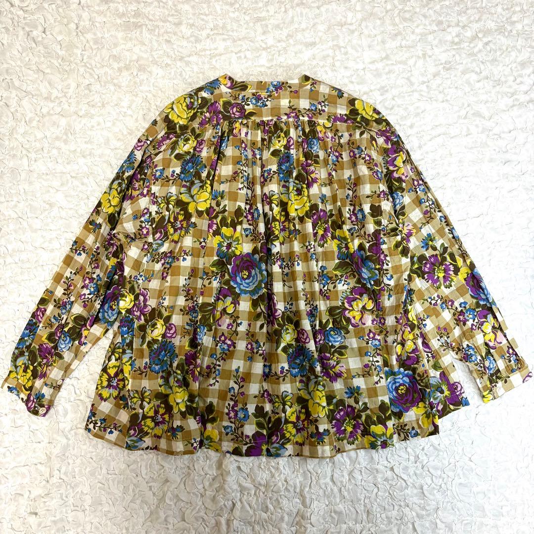 45r インドカディフラワーギンガムプリントのくしゅくしゅブラウス