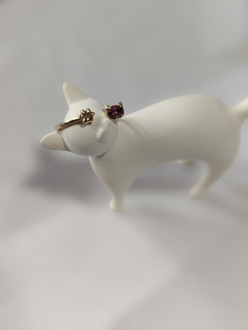 10k 猫モチーフ 天然ガーネットリング11号