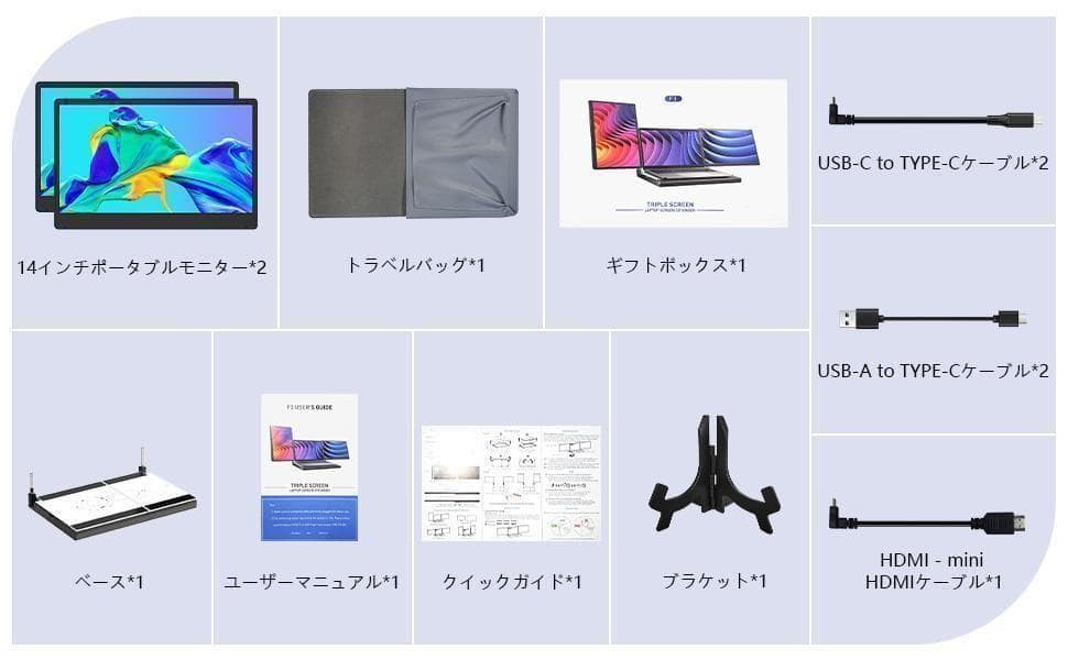 14インチ デュアルディスプレイ ポータブルモニタ　360°回転トリプルモニター