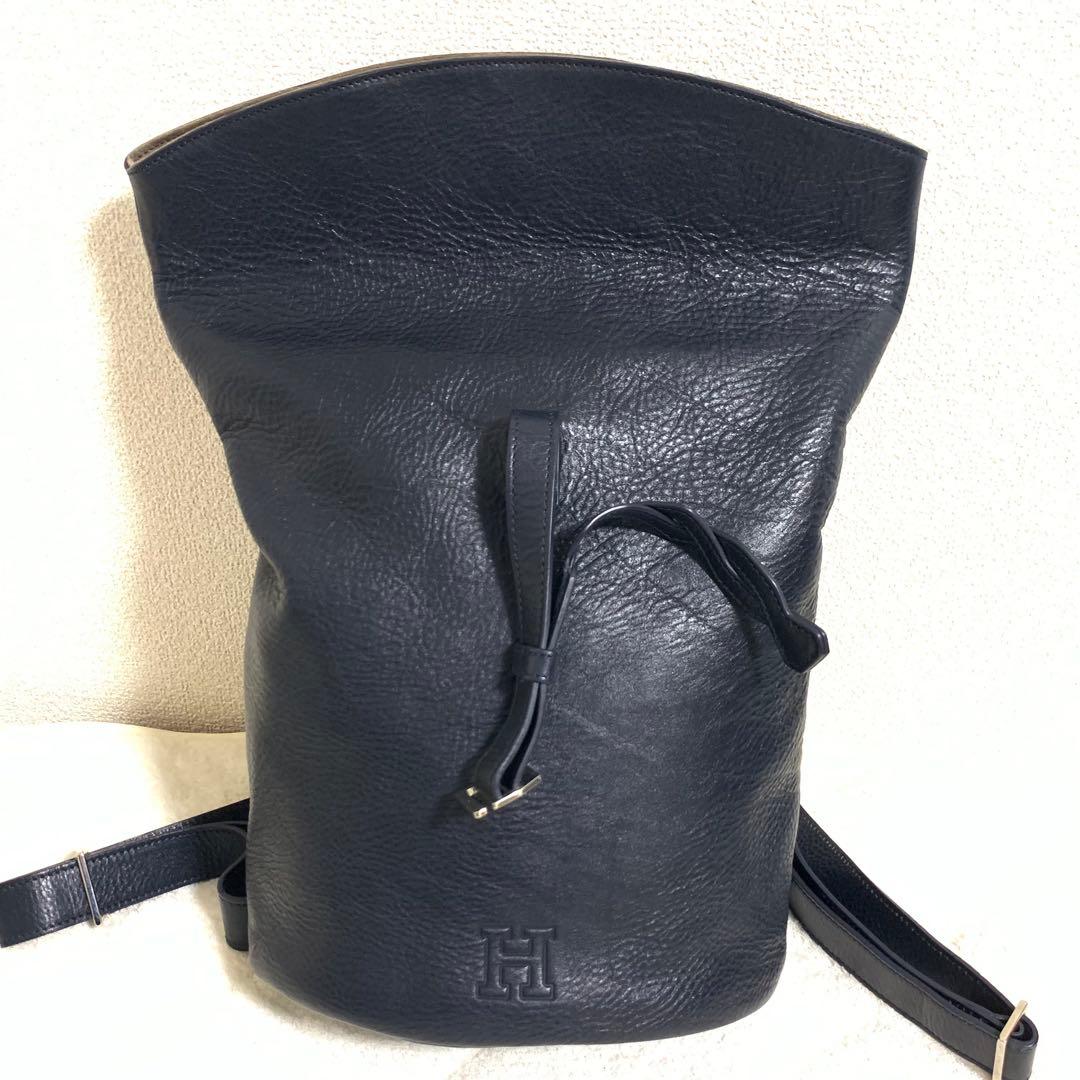 HIROFU ヒロフ 縄編み リュック Hロゴ シボ革 ネイビー