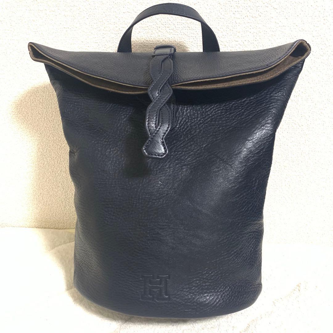 HIROFU ヒロフ 縄編み リュック Hロゴ シボ革 ネイビー