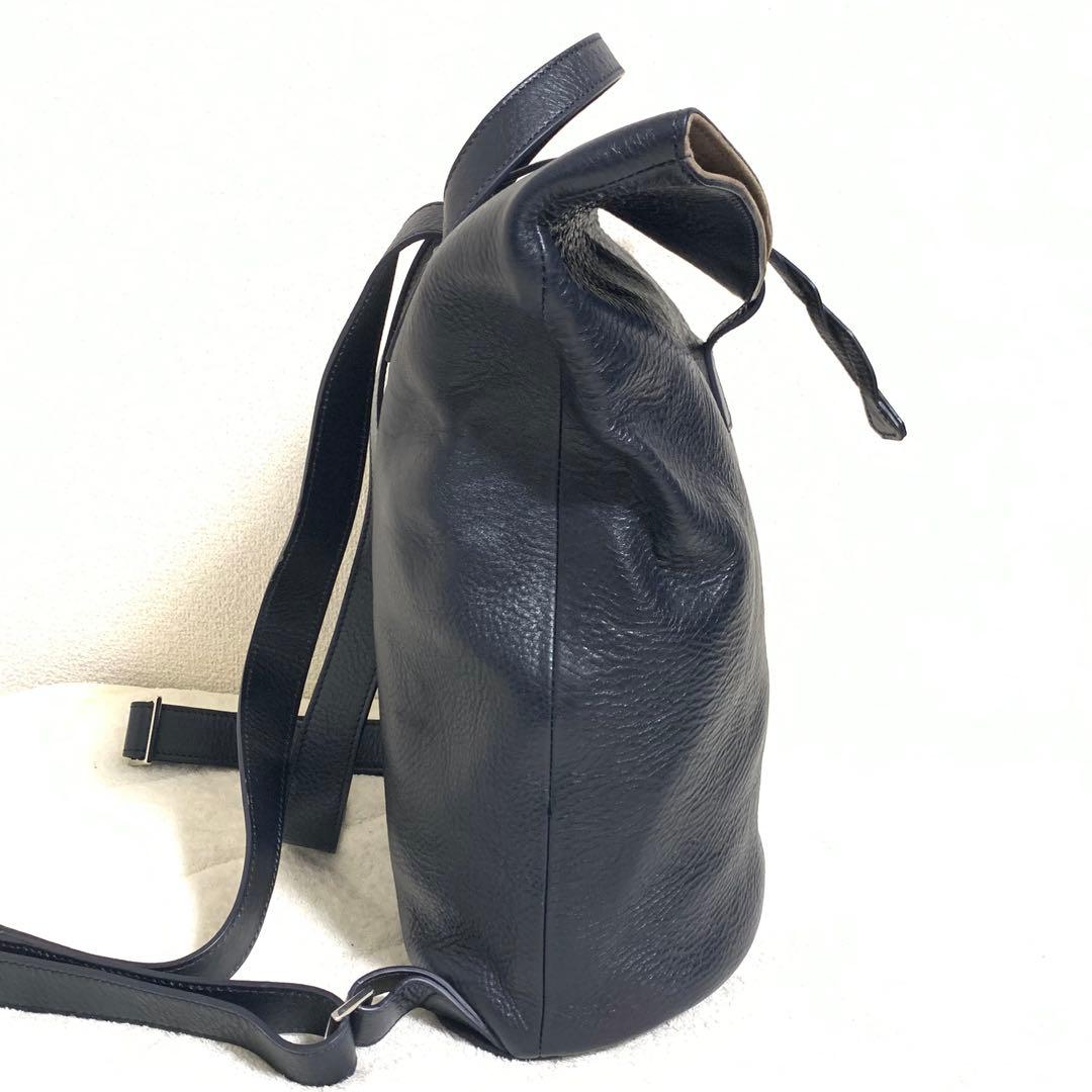 HIROFU ヒロフ 縄編み リュック Hロゴ シボ革 ネイビー