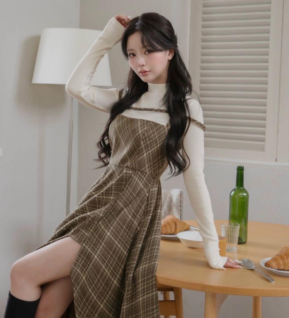 ダーリッチ Darich レイヤードチェックイレヘムミディワンピース ニット