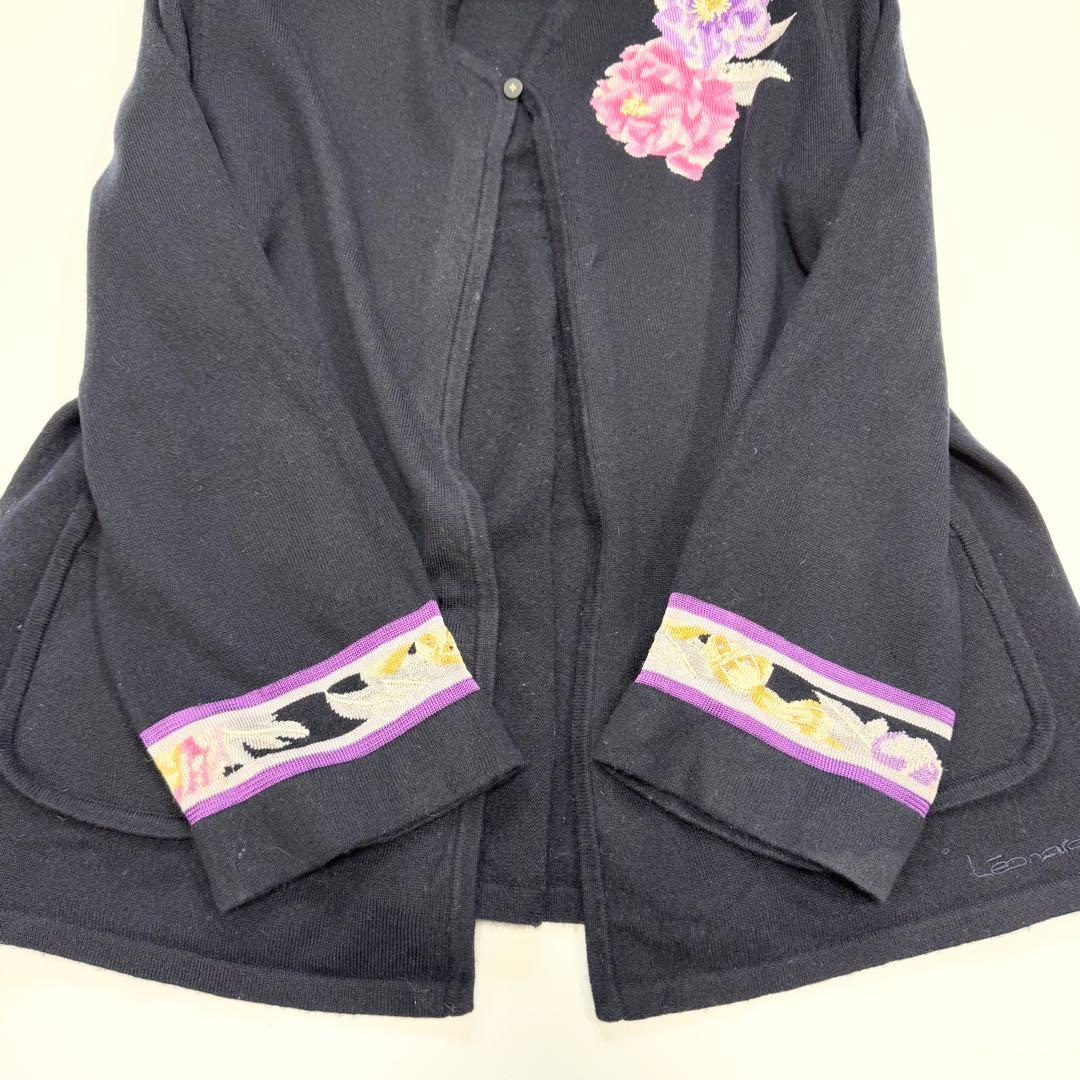 【美品✨】レオナール　カーディガン　羽織り　トリム　花柄　カシミヤ混　LL