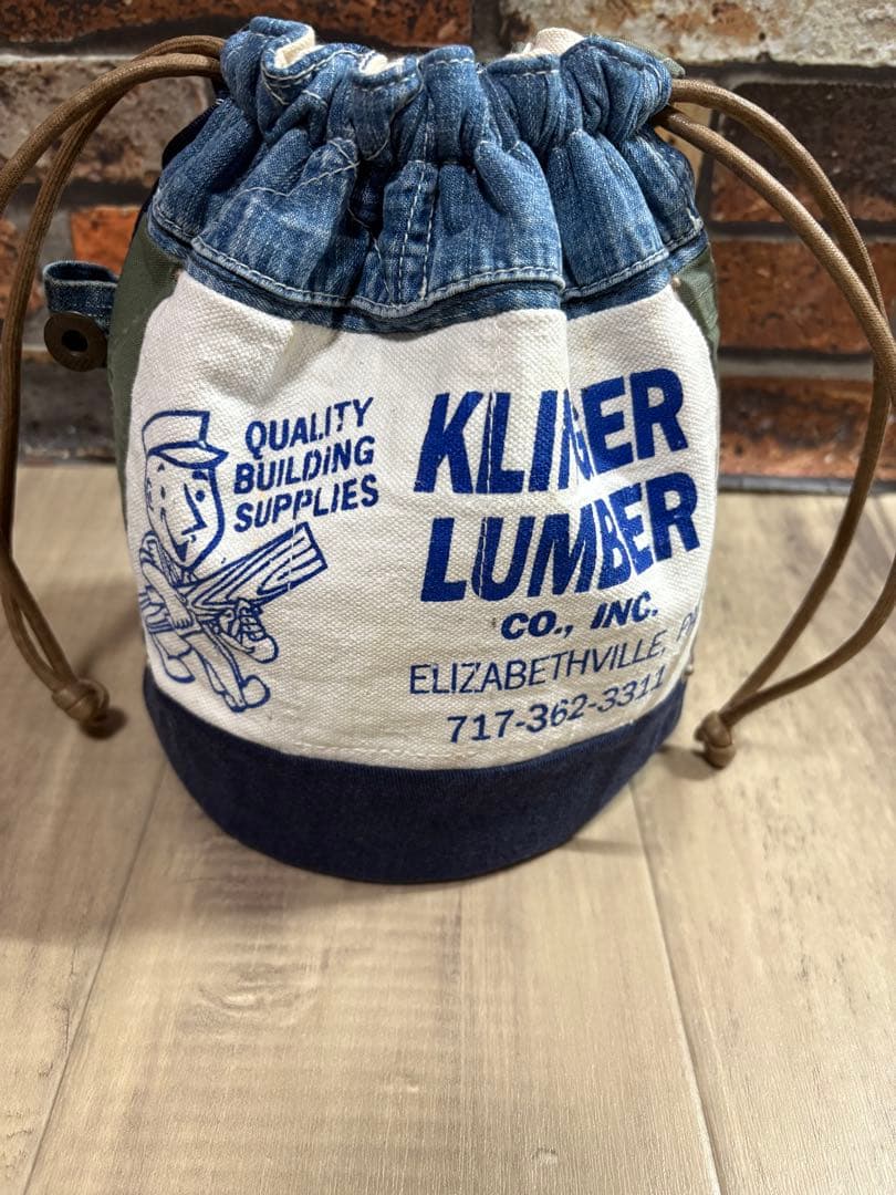 USEDデニム×ビンテージエプロン×本革リメイク　巾着バッグ