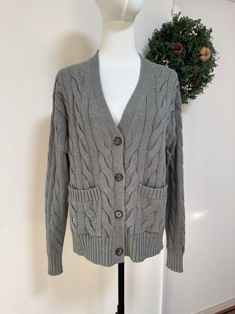 ポロラルフローレン カーディガン ケーブルニット グレー 刺繍ロゴ　S-M 綿
