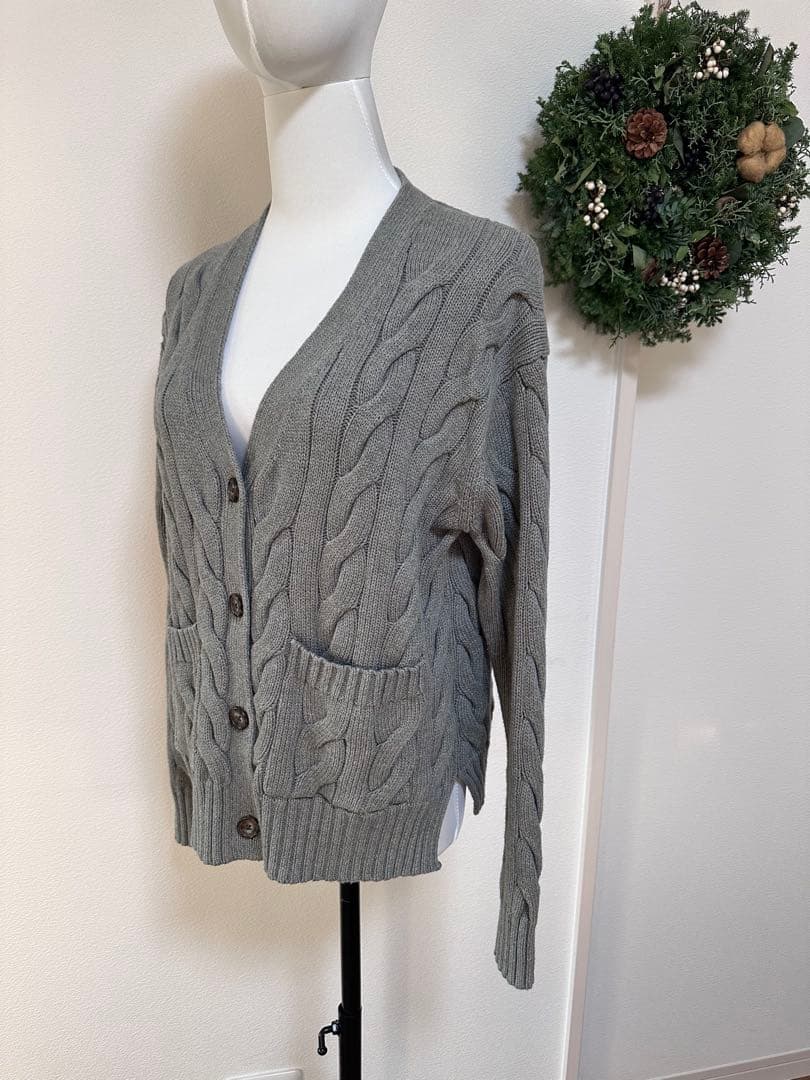 ポロラルフローレン カーディガン ケーブルニット グレー 刺繍ロゴ　S-M 綿