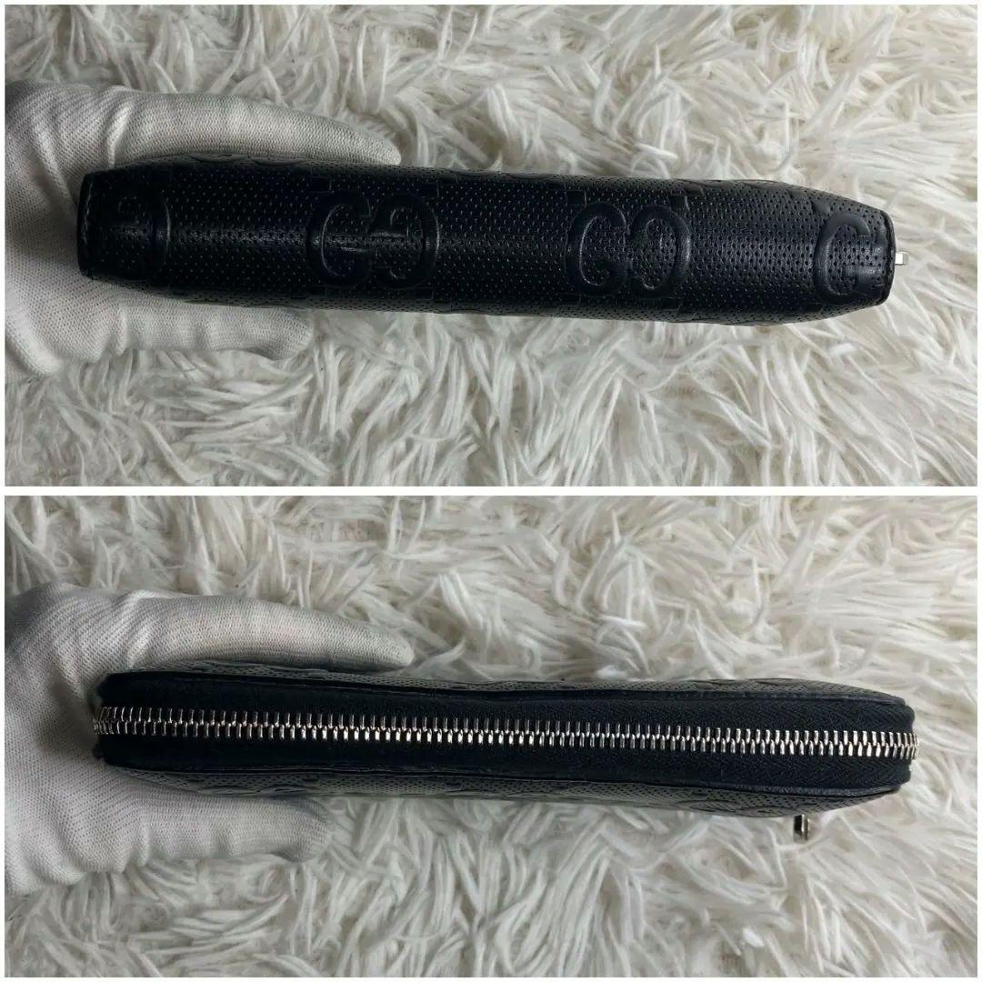 極美品 GUCCI グッチ 長財布 GGエンボス ファスナー ブラック 保存袋付