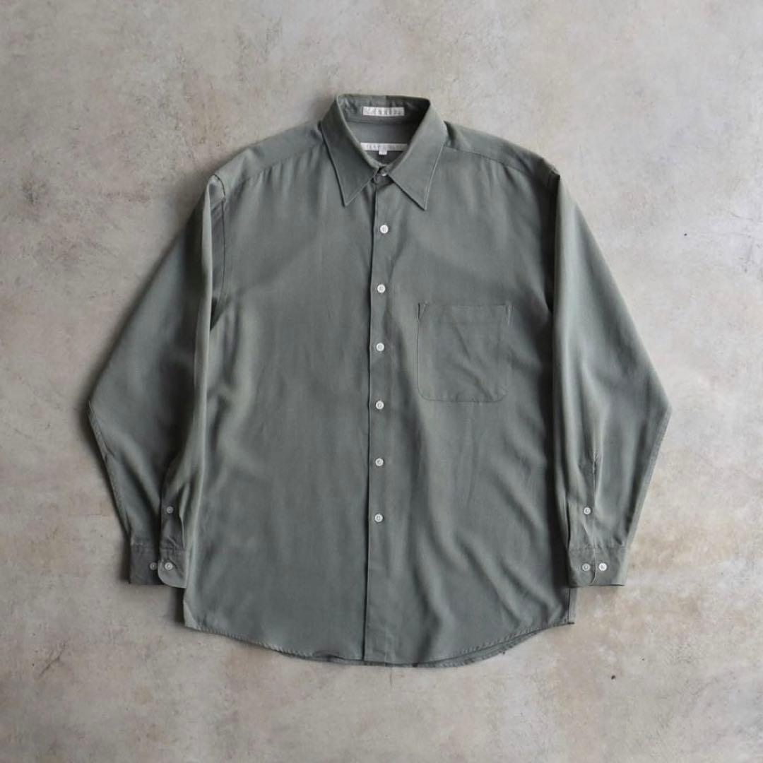 90s PERRY ELLISペリーエリス レーヨン長袖シャツ M オリーブ