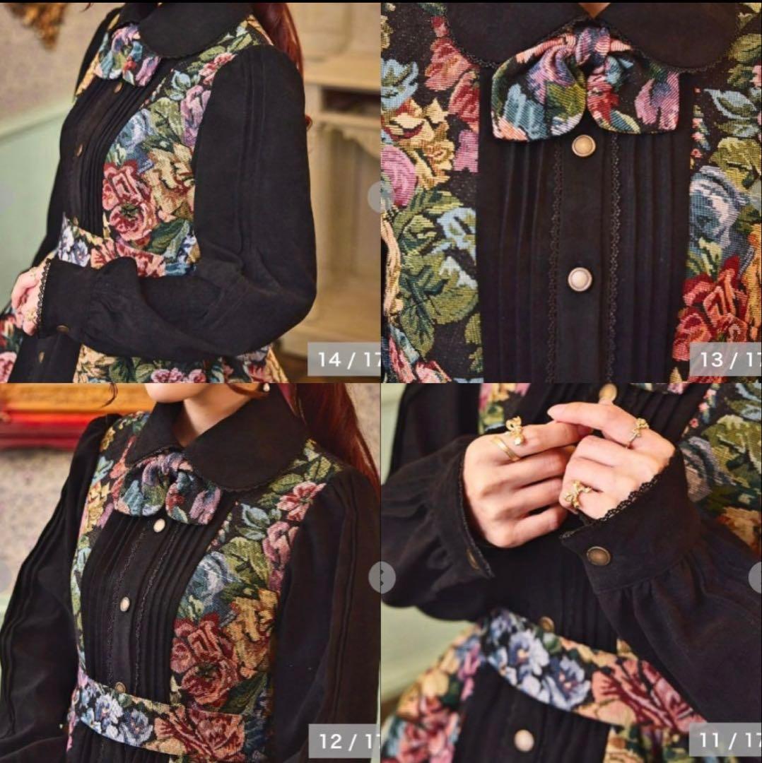 【希少・5L】新品 くる実 長袖ゴブラン織膝丈ワンピース 黒 ノエルドメモワール