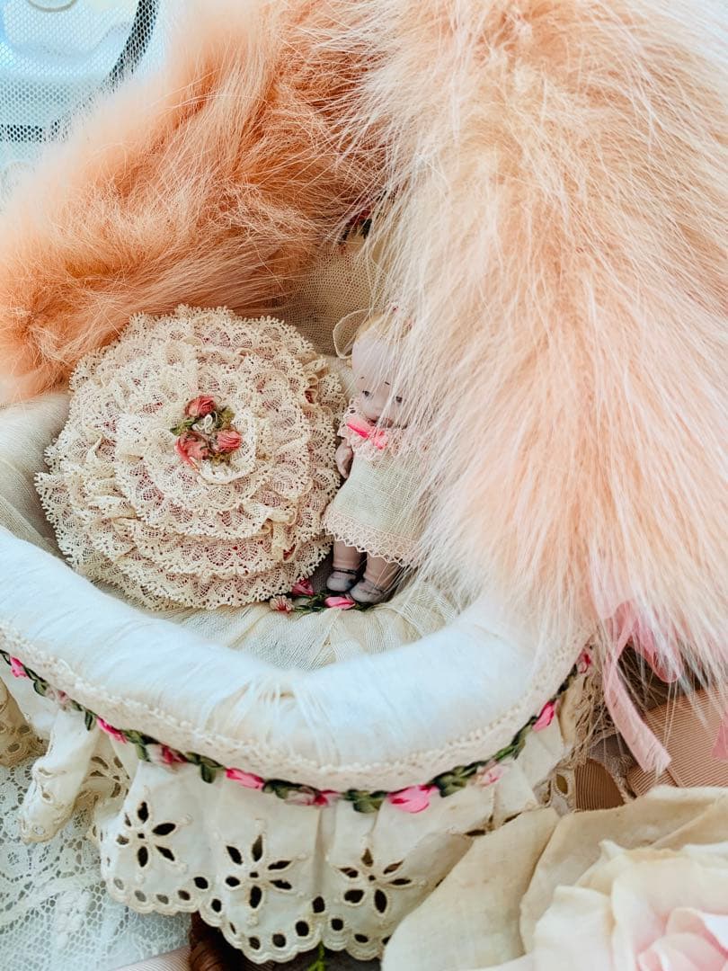 フランスアンティークカットワークレースフラワーガールバスケット＋ミニクッション