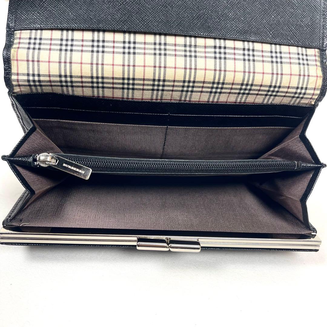 バーバリー　長財布　がま口　ロゴプレート　サフィアーノ　ノバチェック　ブラック