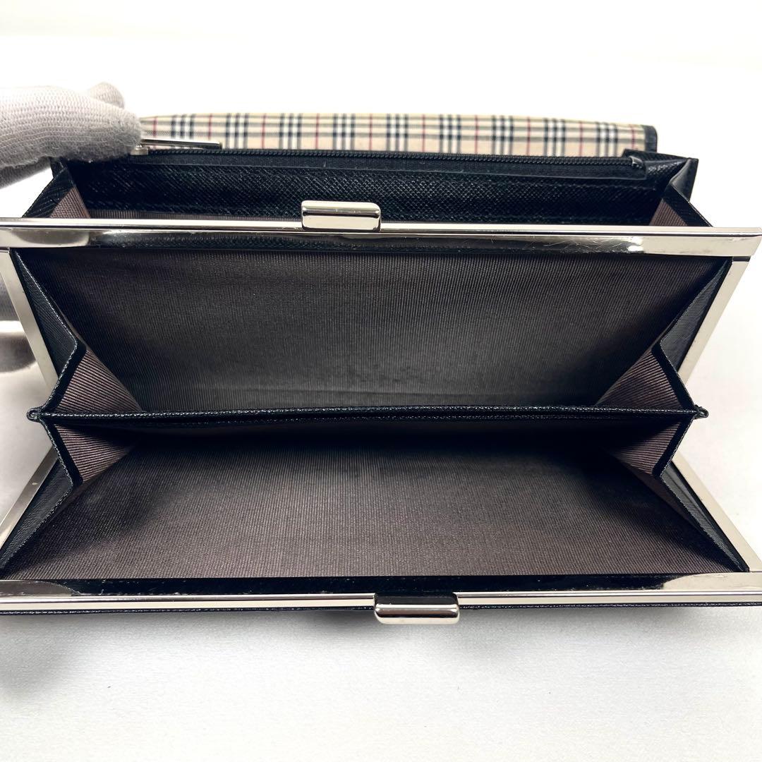 バーバリー　長財布　がま口　ロゴプレート　サフィアーノ　ノバチェック　ブラック