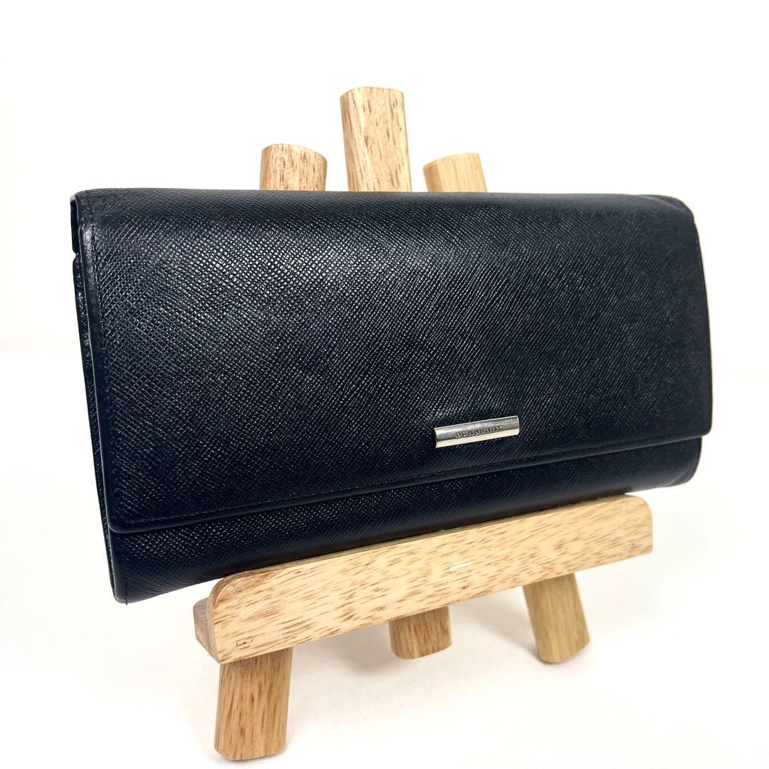 バーバリー　長財布　がま口　ロゴプレート　サフィアーノ　ノバチェック　ブラック