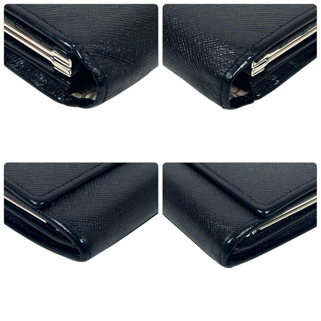 バーバリー　長財布　がま口　ロゴプレート　サフィアーノ　ノバチェック　ブラック