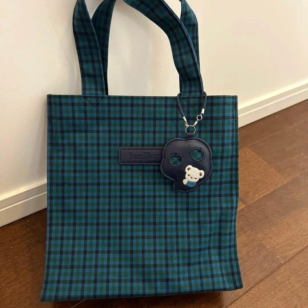 チェック柄エコバッグ クマチャーム付き