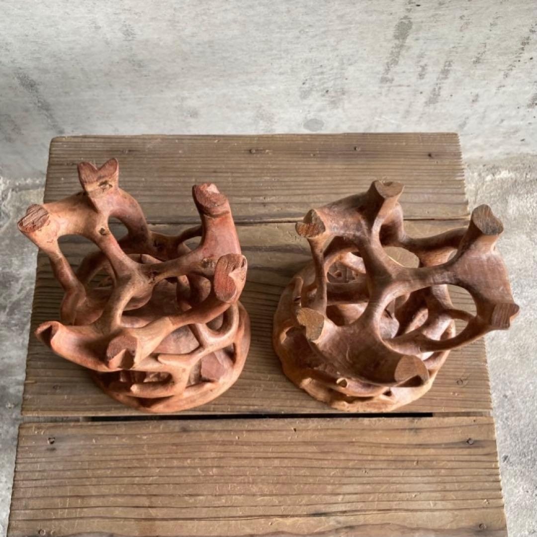 根卓 花台 香炉台 置物台 飾り台 盆栽 台座 オブジェ 木製 2点 レトロ