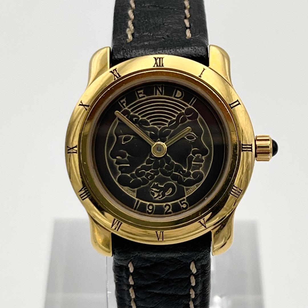 稼動 FENDI 800L ローマン ゴールドベゼル レザーベルト 腕時計