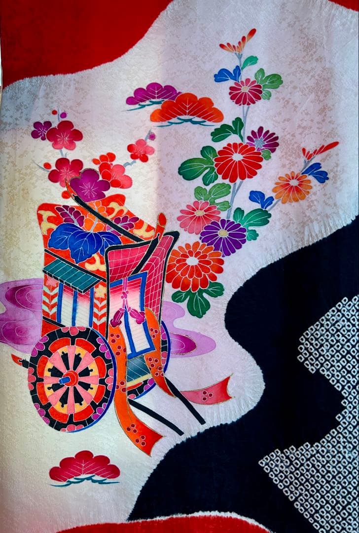 ★七五三 7歳 女の子 正絹 着物 古典柄 赤白 御所車 花柄 美品★