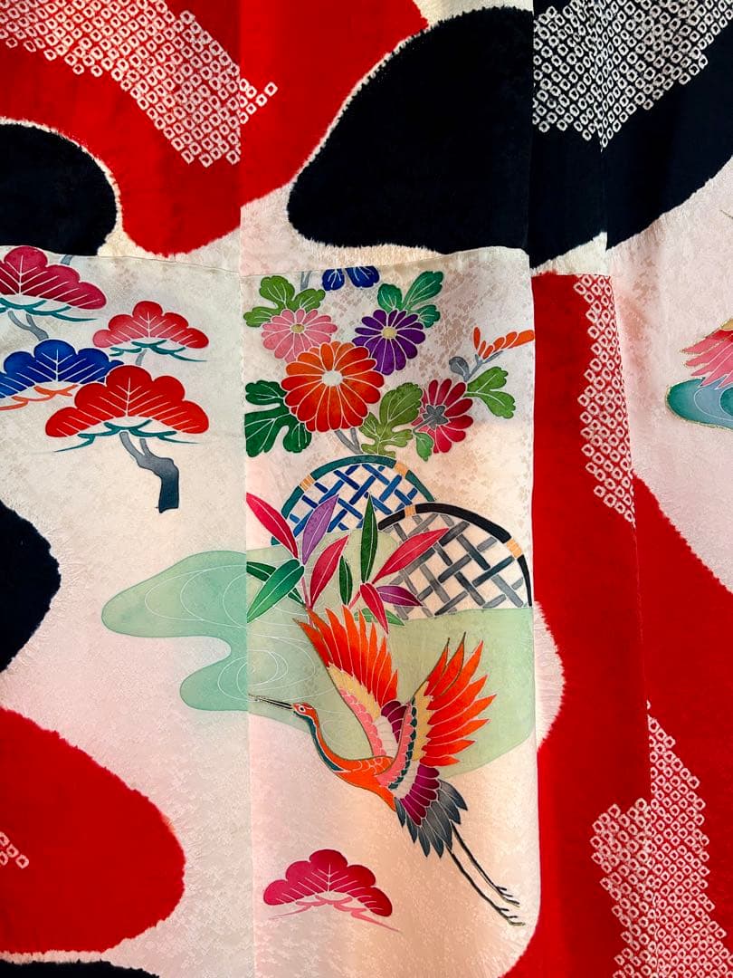 ★七五三 7歳 女の子 正絹 着物 古典柄 赤白 御所車 花柄 美品★