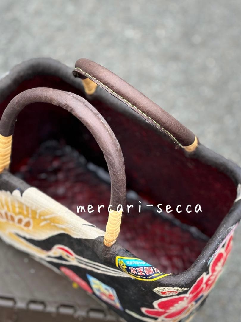 漆塗り一閑張りバッグ　鶴と亀　昭和レトロラベル