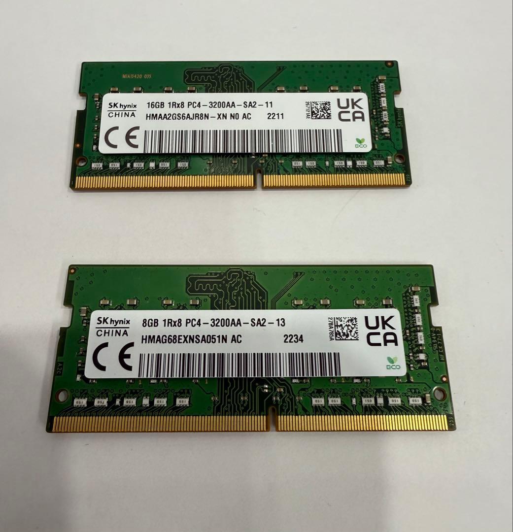 PC4-3200/DDR4メモリー 16GB+8GBセット合計24GB 確認済み