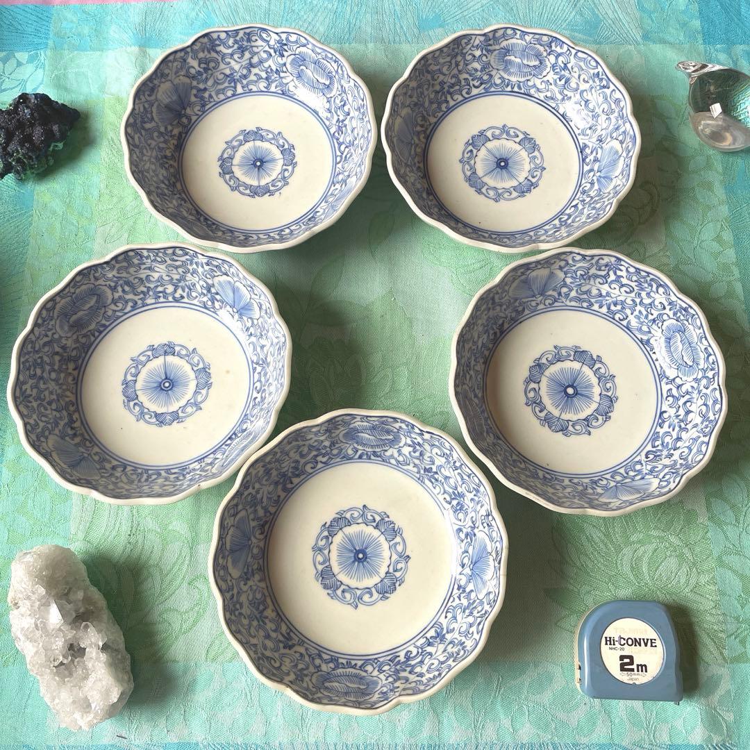 古伊万里　染付　唐草　牡丹　膾皿　5客