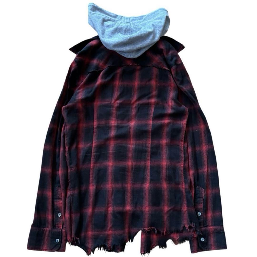 14th Addiction チェック柄 フード付き ダメージ加工 シャツ