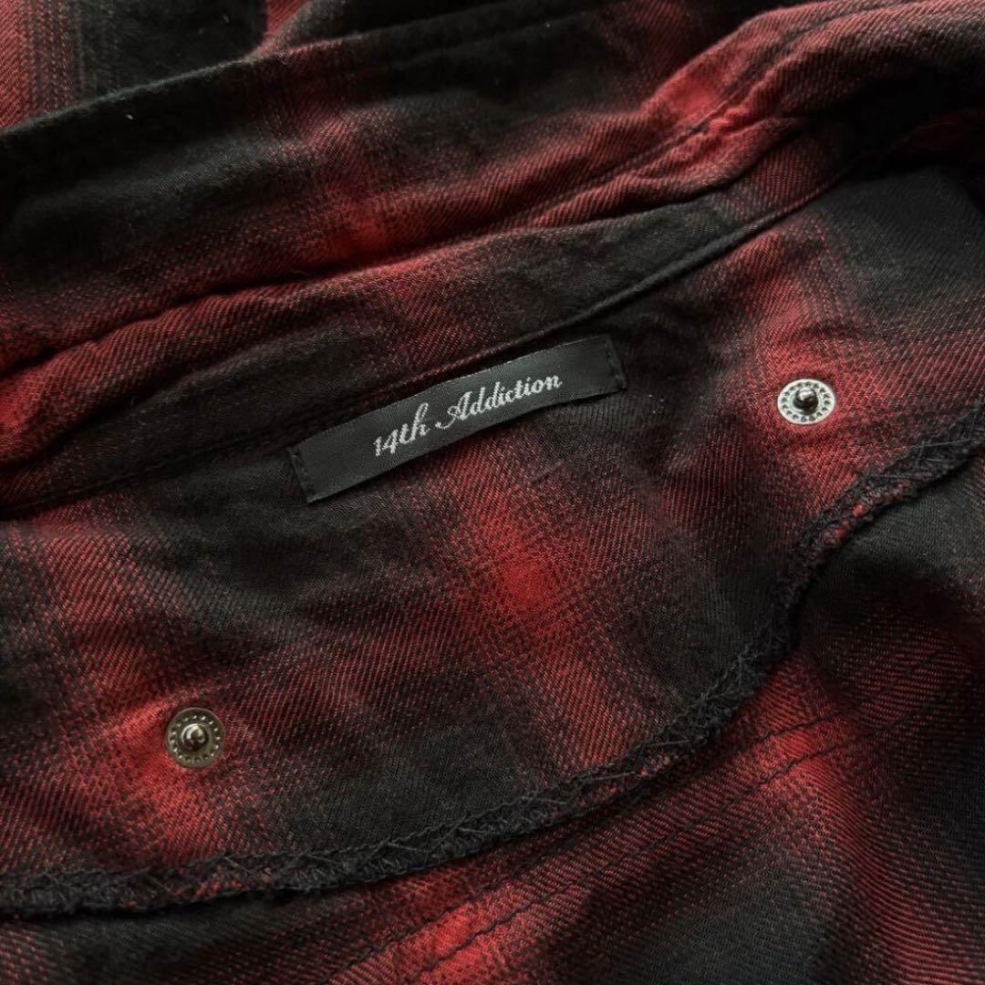 14th Addiction チェック柄 フード付き ダメージ加工 シャツ