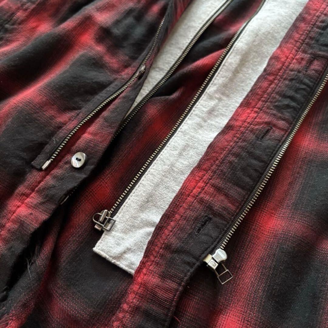 14th Addiction チェック柄 フード付き ダメージ加工 シャツ