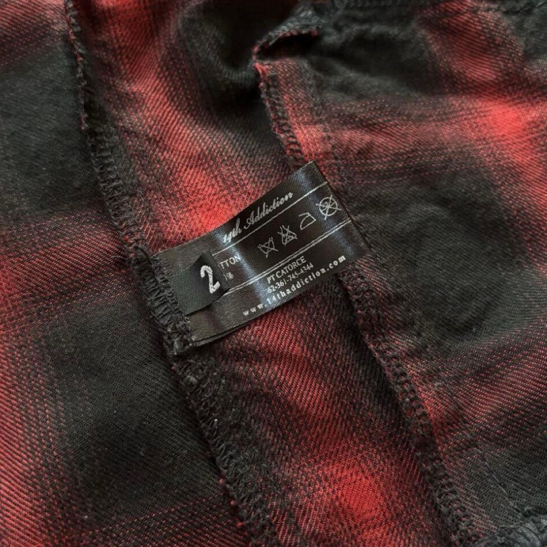 14th Addiction チェック柄 フード付き ダメージ加工 シャツ