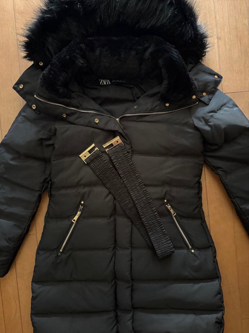 【ZARA】ブラックダウンジャケット セミロング丈 Mサイズ ベルト取り外し可