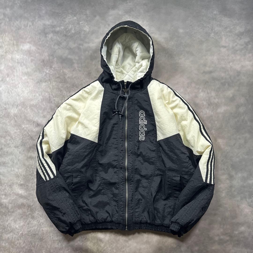 adidas古着90s 中綿フードジャケット トレフォイル刺繍ロゴY2K U7