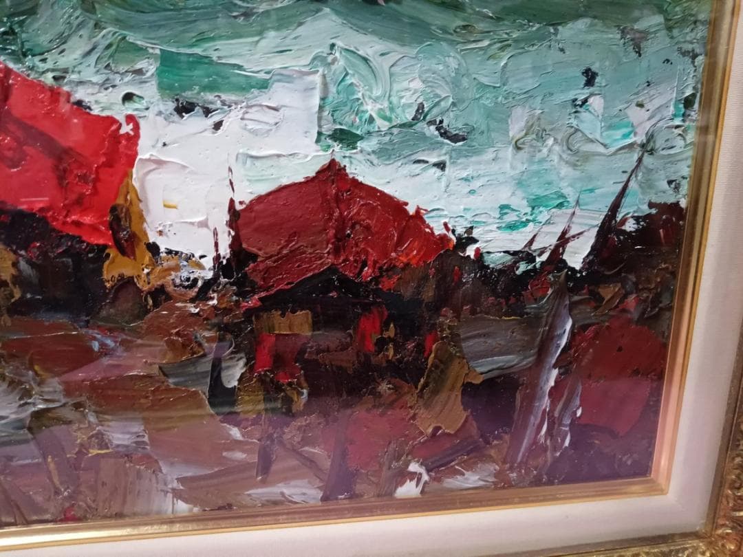 油彩画　葛西四雄作「北の浜辺」F8号　額付　サイン有　真作保証品