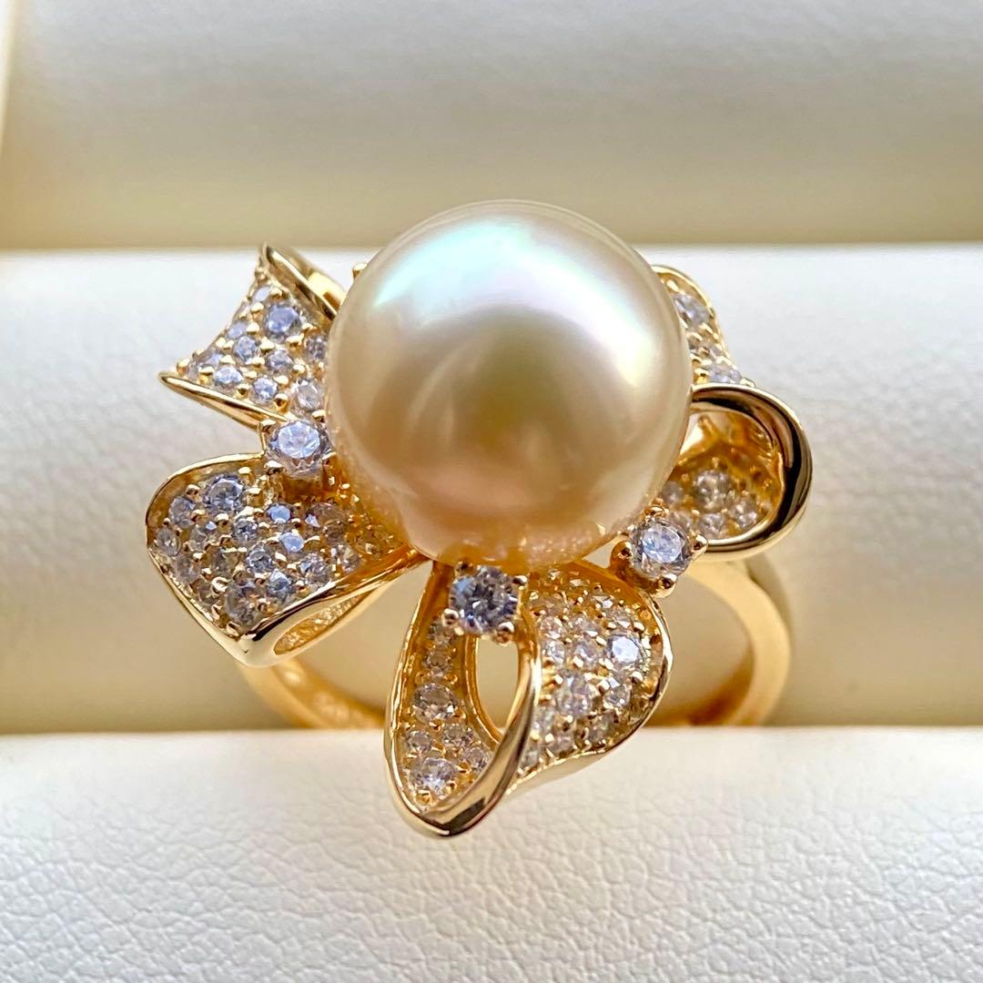 本真珠南洋白蝶真珠シャンパンゴールド11.37㍉s925リングY1049