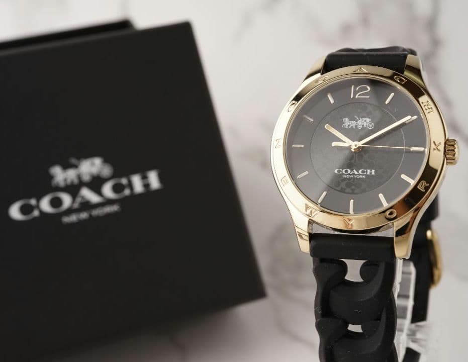 箱付き✨稼働 COACH–コーチ 腕時計 ブラック 文字盤 ベルト ゴールド色