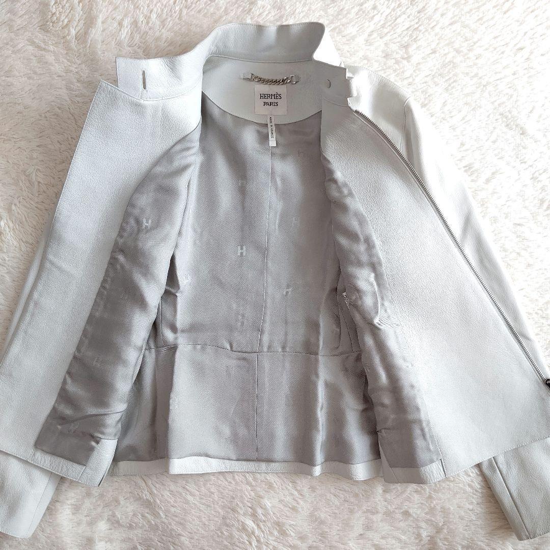 HERMES レザージャケット　ライダース　アイスブルー やぎ革 フランス製