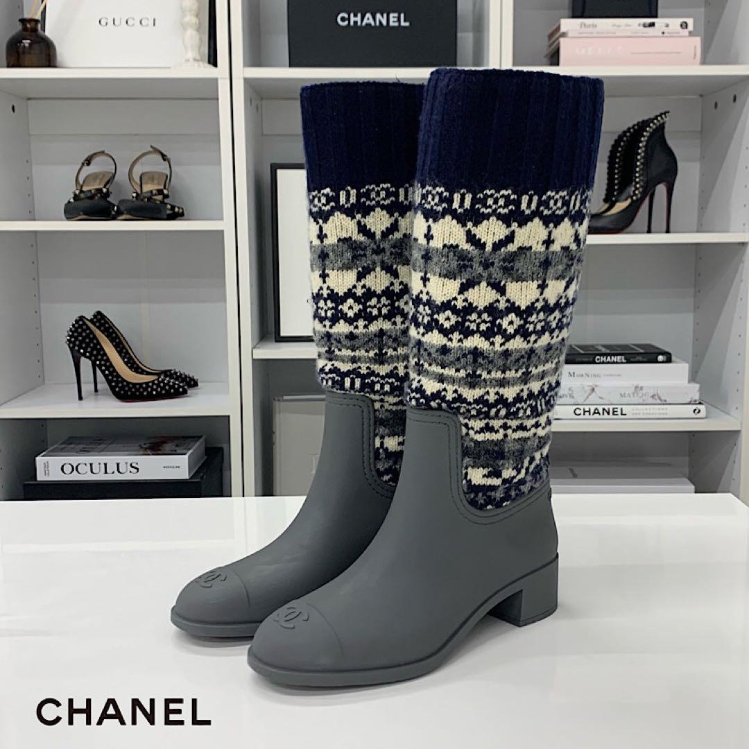 シャネル ラバー ニット ココマーク ノルディック ロングブーツ