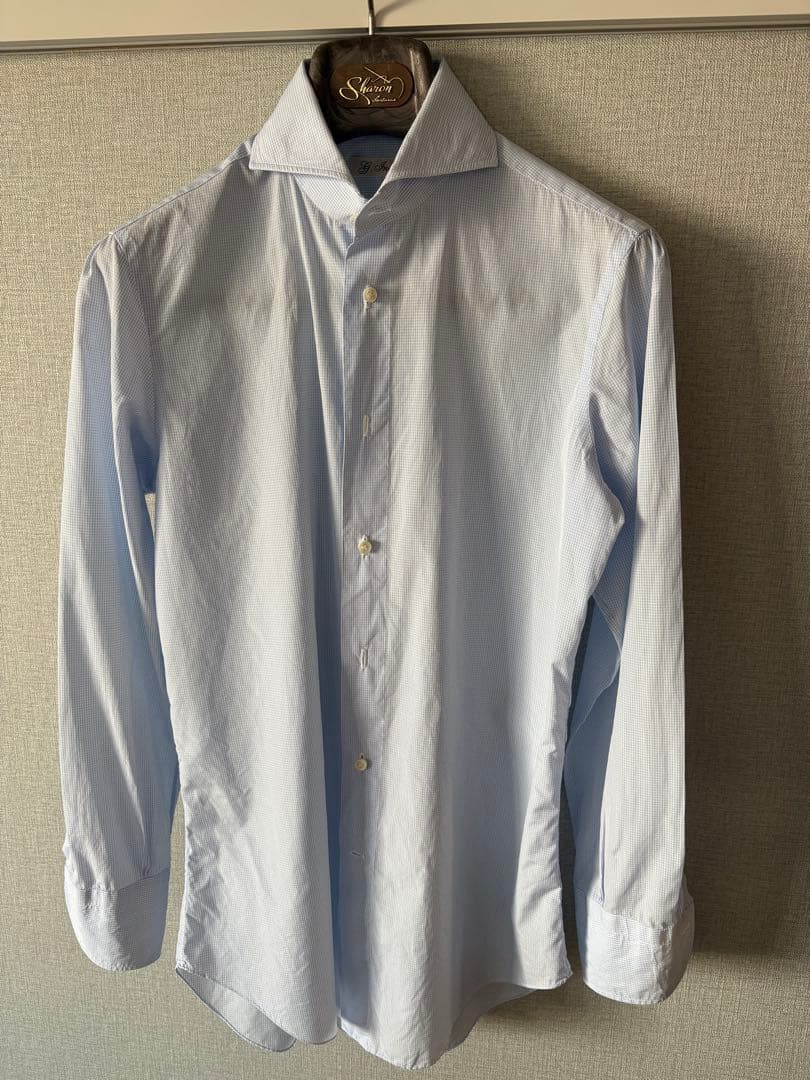 イングレーゼ　ドレスシャツ　白×サックス　チェック　３７　シャロン購入