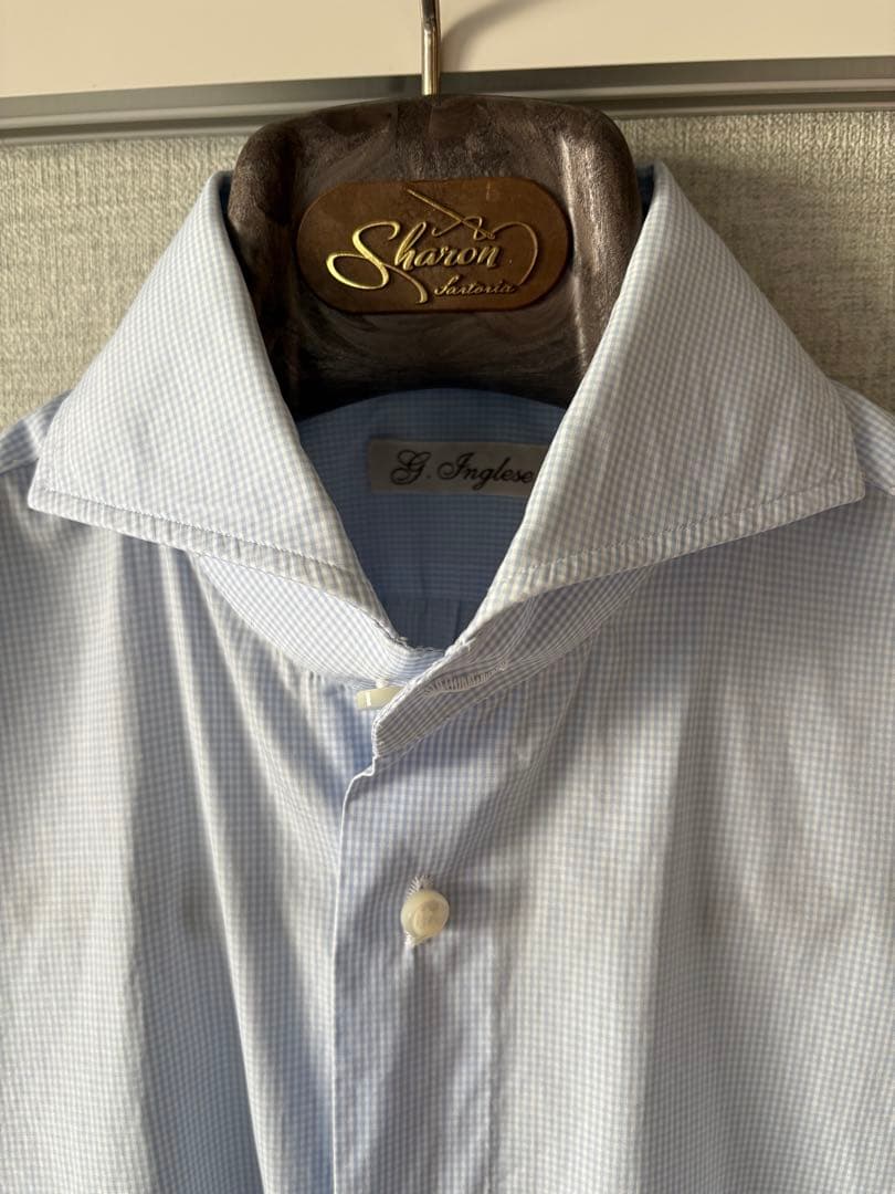 イングレーゼ　ドレスシャツ　白×サックス　チェック　３７　シャロン購入