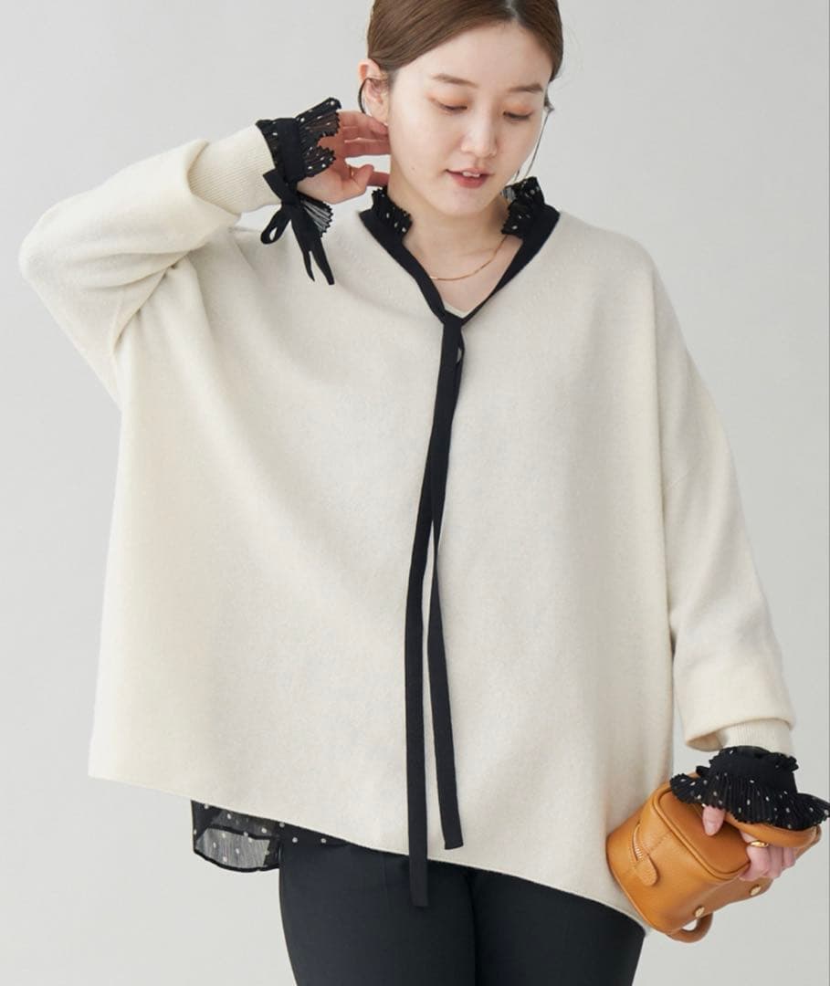 24年IENA Fine ニュージーウール ニュアンス Vプルオーバー ホワイト