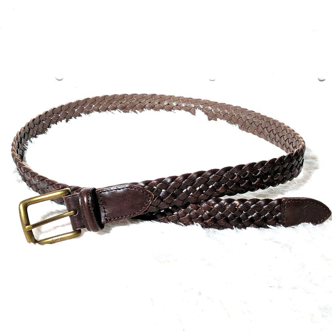 【美品 34インチ】ポロラルフローレン　メッシュ　ベルト　レザー　ビジネス　焦茶