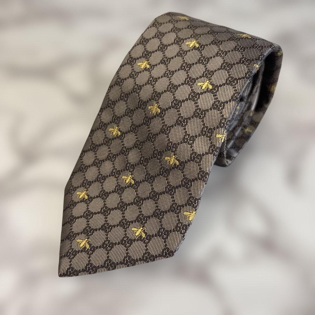【極美品✨】GUCCI ネクタイ　GG 蜂　ビー　ブラウン系　茶　刺繍　現行タグ