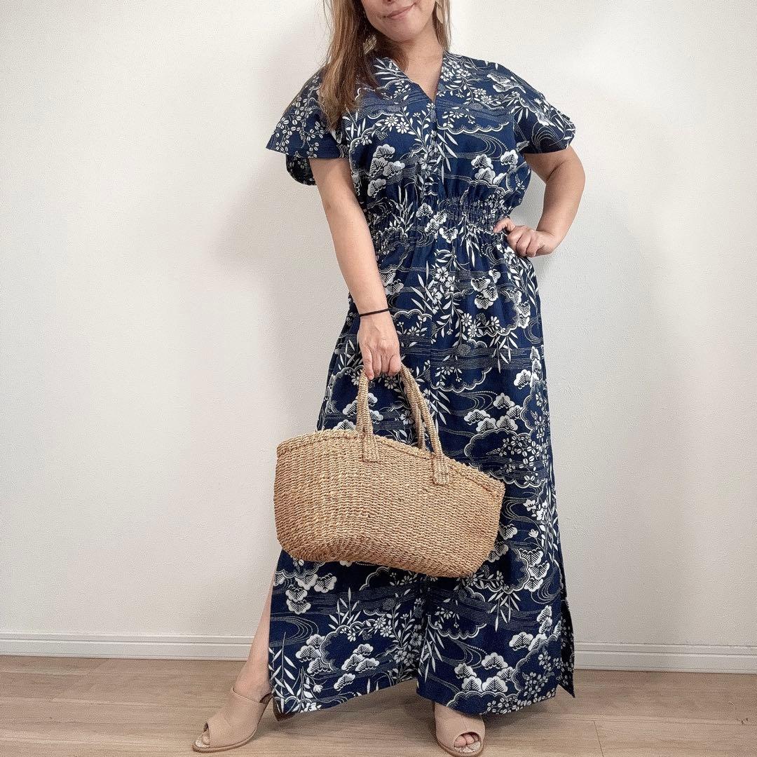 竺仙　浴衣　リメイク　綿縮　ワンピース ハンドメイド　ロング　マキシ　着物　紺
