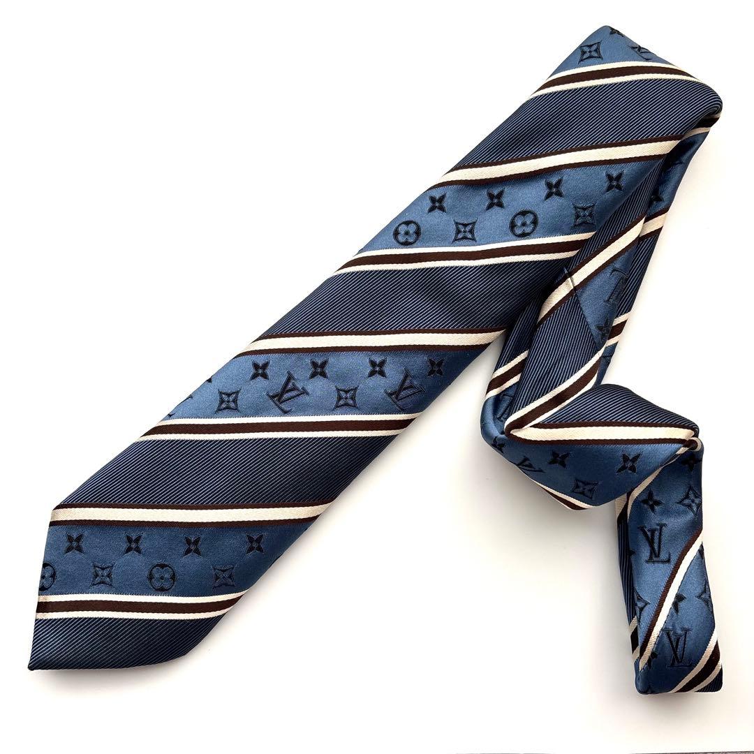 ꧁美品꧂ ルイヴィトン ネクタイ モノグラム LVロゴ ストライプ ブルー 光沢