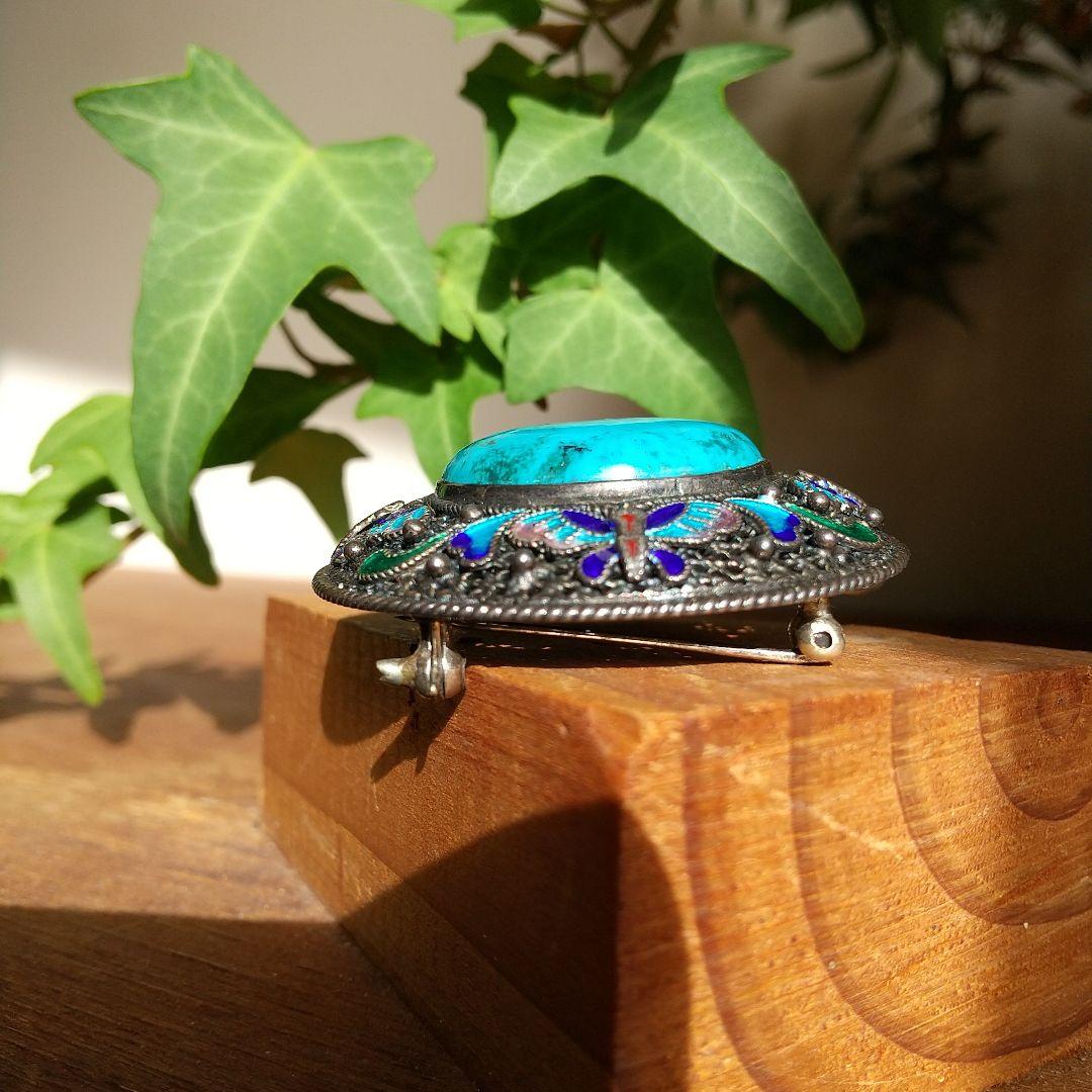 更に更に値下げ❗️ヴィンテージ SILVER×トルコ石七宝焼の帯留めブローチ