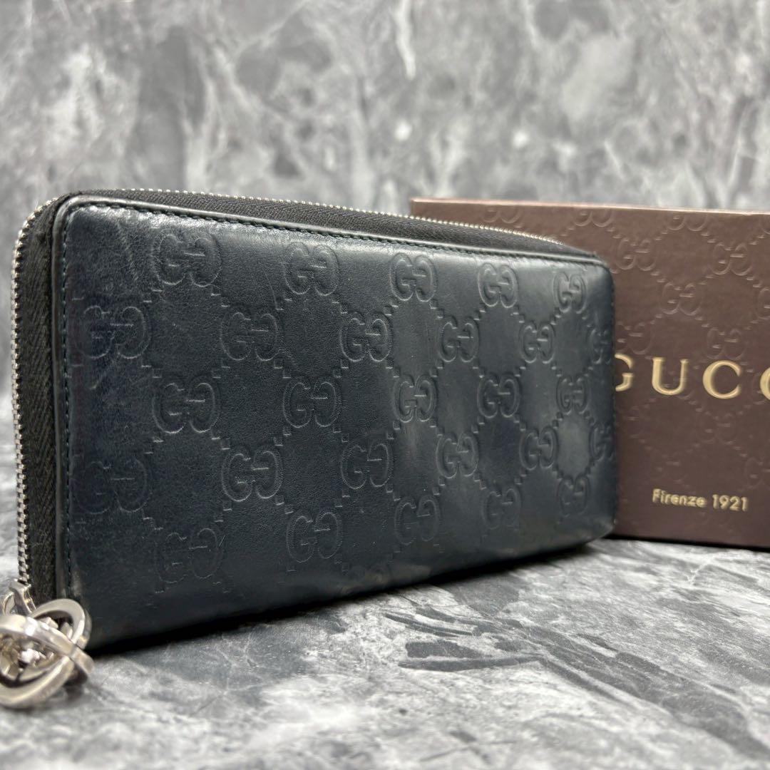 グッチ 長財布 GG シマ ラウンドジップ レザー インターロッキング チャーム