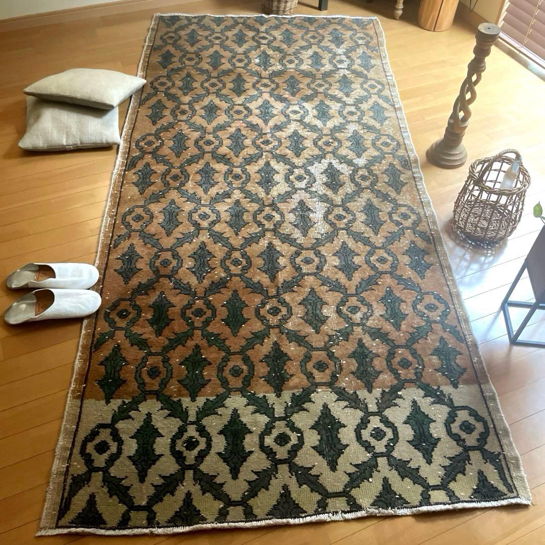 レア大判112×243 ボタニカル　ブラウン×グリーン　トルコヴィンテージラグ