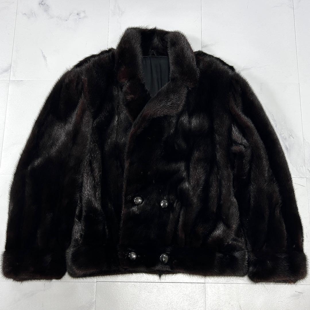 高級 XLサイズ ブラックミンク ダブル ジャケット メンズ なめし柔らか 艶艶