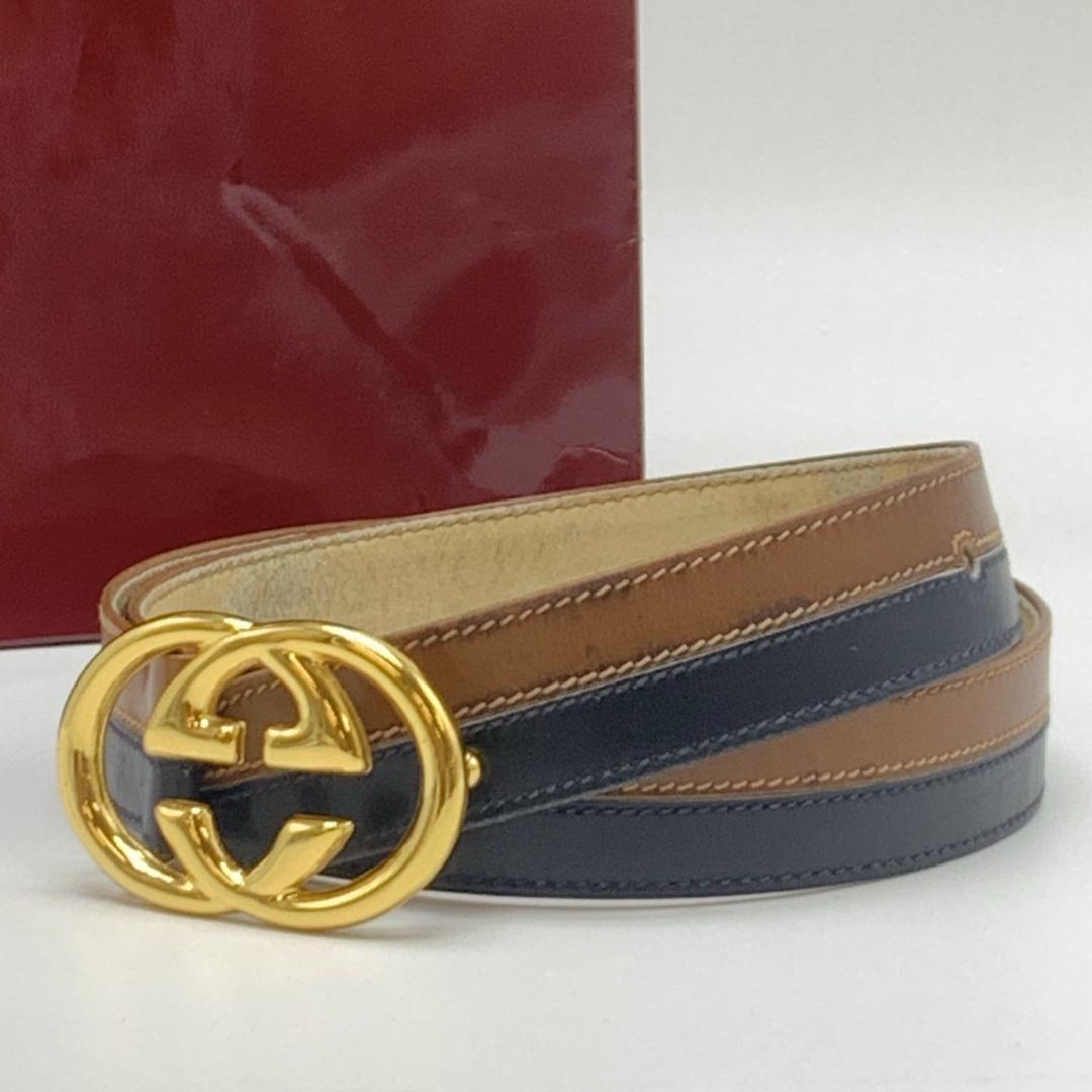 グッチ ベルト 本革 レザー バックル ゴールド金具 インターロッキングG